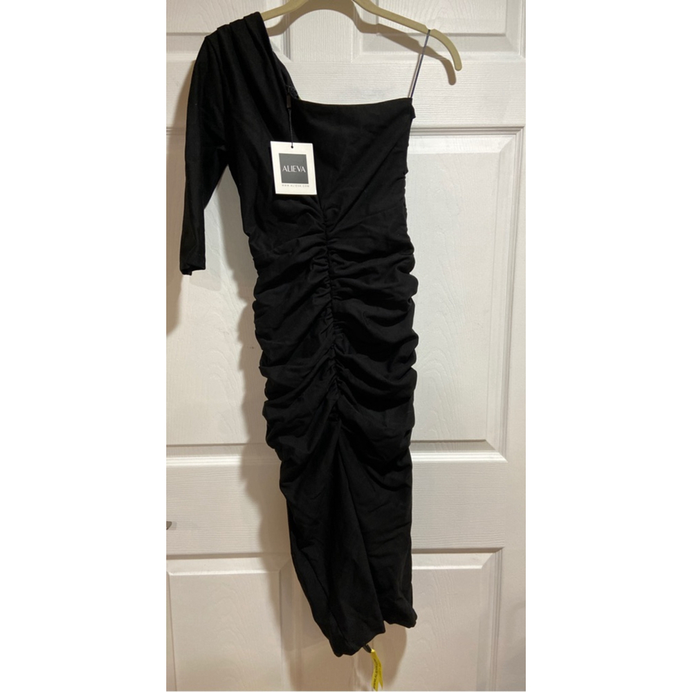 NWT Black Asymmetric One Sleeve Ruched‎ Bodycon Cocktail Party Dress Size M - Picture 7 of 8